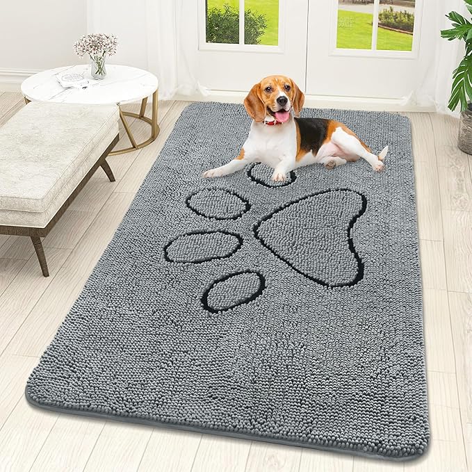 OLANLY Dog Door Mat for Muddy Paws 59x32, Paw Print Design, Absorbs Moisture and Dirt, Absorbent Non-Slip Washable Doormat, Quick Dry Chenille Mud Mat for Dogs, Entry Indoor Entryway Carpet, Grey