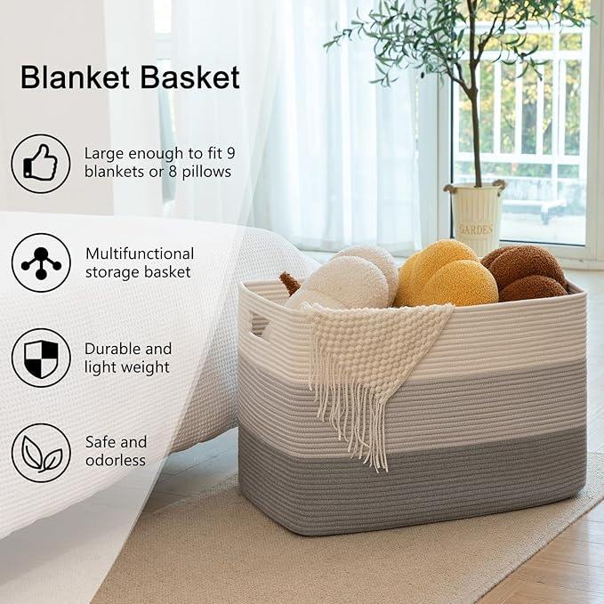 OIAHOMY 118L Extra Large Blanket Basket, Rectangle Woven Cotton Rope Storage Basket, Used for storing Dirty Clothes, Stuffed Animal Toy Storage for Living Room,Kids Room,25" x 17" x 16", Gradient Grey