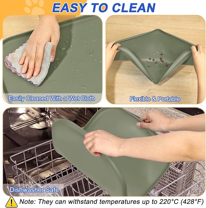 Silicone Pet Feeding Mat with Raised Edge for Food and Water, Dog Bowl Mats, Cat Bowls Placemat with High Lip for Floor Waterproof, Rubber Tray for Cats and Dogs 19 x 12 x0.7 Light Olive Green