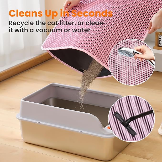 Petinstinct Cat Litter Mat, 24x18 Inches Large Double Layer Honeycomb Cat Litter Trapping Mat, Non Slip Waterproof Urine Proof Cat Litter Box Mat for Floor, Kitty Litter Rug, Cat Supplies, Pink