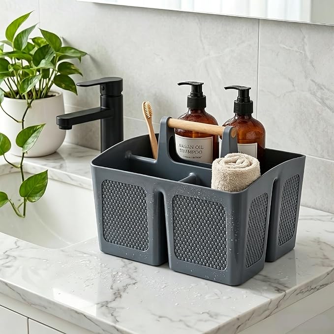 Haundry Portable Shower Caddy Tote with Wooden Handle, 3 Compartment Plastic Organizer Basket for College Dorm Essentials, Bathroom Cleaning Supplies, Gray