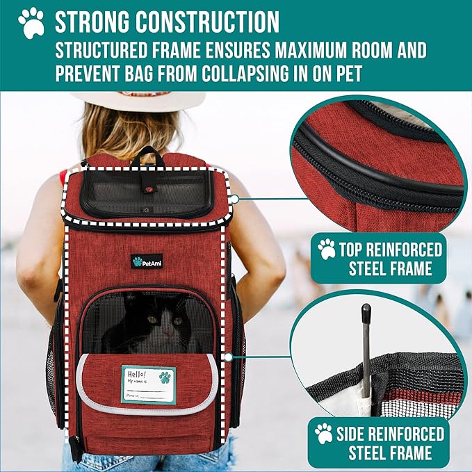PetAmi Dog Backpack Carrier, Airline Approved 4-Way Entry Cat Backpack Carrier, Ventilated Mesh, Collapsible Pet Carrier for Small Puppy, Kitten, Hiking, Travel Car, Vet, up to 18 lbs, Red