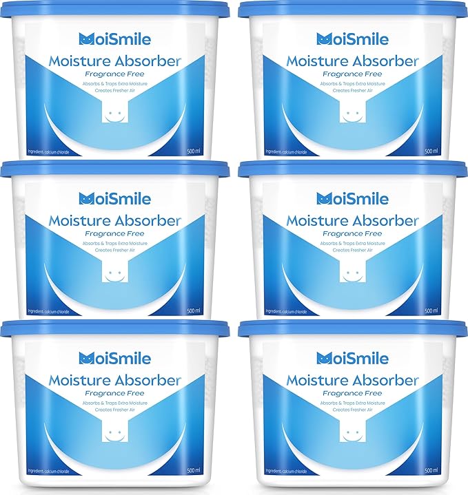 Moisture Absorbers 6 Pack, Fragrance-Free Closet Dehumidifier for Bathroom, Car ＆ Basement, 10.5 oz Refillable Humidity Absorber Boxes