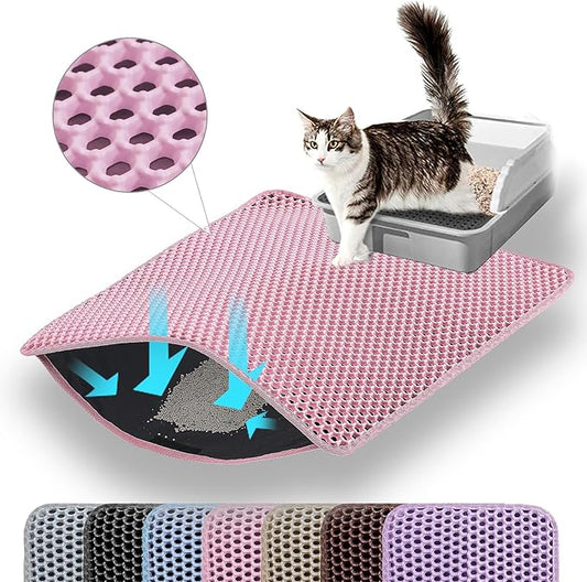 Small Cat Litter Mat, 20x14 Inches Double Layer Honeycomb Cat Litter Trapping Mat, Non Slip Waterproof Urine Proof Litter Box Mat for Floor, Kitty Litter Rug, Pet Supplies, Pink