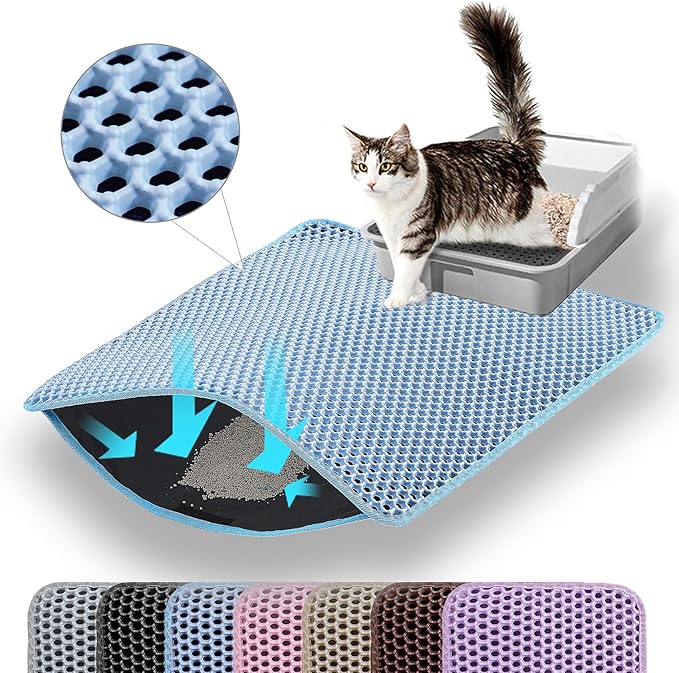 Small Cat Litter Mat, 20x14 Inches Double Layer Honeycomb Cat Litter Trapping Mat, Non Slip Waterproof Urine Proof Litter Box Mat for Floor, Kitty Litter Rug, Pet Supplies, Blue
