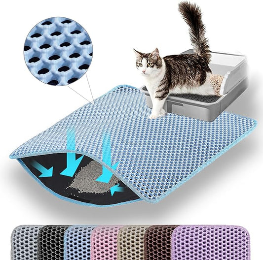 Small Cat Litter Mat, 20x14 Inches Double Layer Honeycomb Cat Litter Trapping Mat, Non Slip Waterproof Urine Proof Litter Box Mat for Floor, Kitty Litter Rug, Pet Supplies, Blue