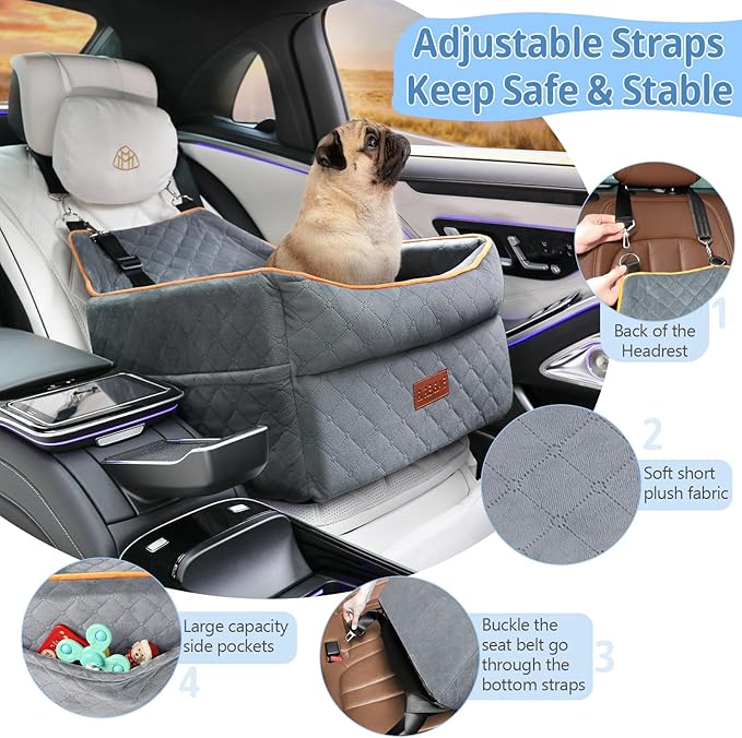 GL GLENSLAVE Dog Car Seat for Small Medium Dogs, Memory Foam Dog Booster Car Seat for Pets Under 35 lbs, Anti-Slip Pet Carseat with 2 Adjustable Leashes, Elevated Dog Travel Bed with Storage Pockets