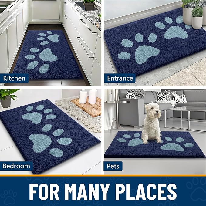 Smiry Dog Door Mat for Muddy Paws, Absorbs Moisture and Dirt, Low-Profile Entryway Mat with Non-Slip Backing, Entry Indoor Outdoor Doormat for Inside Floor (30x20 Inches, Dark Blue, Paw)