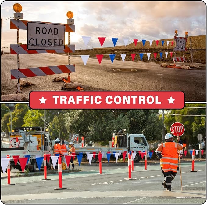 105ft Pennant Banner Flags, 7x10 Red Blue and White 45 Pcs High Visibility Safety Flagging on String, Triangle Pool Flag for Backstroke, Construction Events Party Decoration Parking Marking Outside