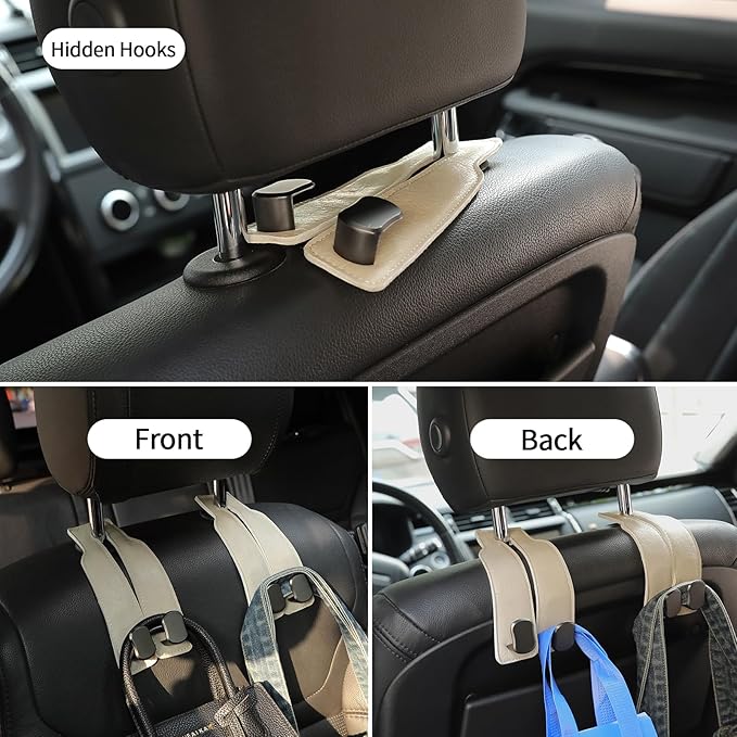 KINIVA 4 Pack Car Seat Hooks for Headrest, PU Leather Purse Hook Holder - Double Hook Design for Bags, Phones, Groceries, Car Back Seat Storage Accessories (06-White 4 Pcs)
