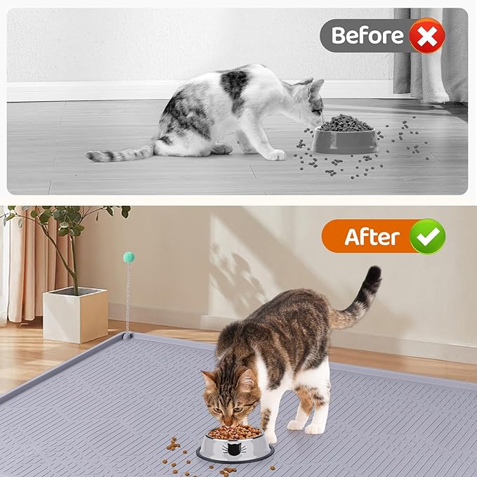 Cat Food Mat with Toy Ball, 38'' x 25'' Extra Large Silicone Pet Feeding Mat with Raised Edge Pet Placemat for Food and Water Bowl Non-Slip, Easy to Clean, Floor Protection (Grey)