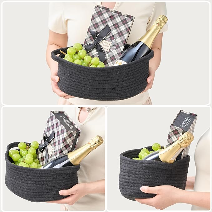 Small Woven Gift Basket Empty with Bag & Ribbon - Gifts for Mom, Baby Shower, Birthdays & Raffle - Cotton Rope Storage Basket for Dog Toys or Shelf - 12"x8"x5", Black, 2 Packs