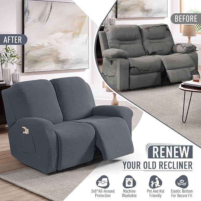 TAOCOCO Recliner Loveseat Slipcover, 6 Pieces Dual Recliner Sofa Covers for 2 Seat Dual Reclining Loveseat Couch, Stretch Soft Jacquard Pattern Furniture Protector with Elasticity (2XL, Grey)
