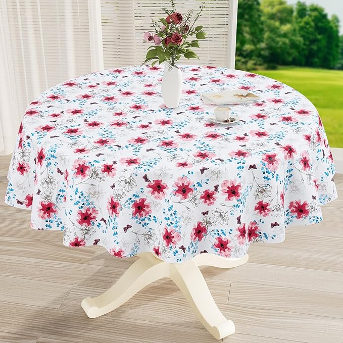 misaya Round Waterproof Vinyl Table Cloth, Wipeable Tablecloth with Flannel Backing, Plastic Table Cover for Dinner, Picnic, Indoor and Outdoor (Sketched Flower, 60")