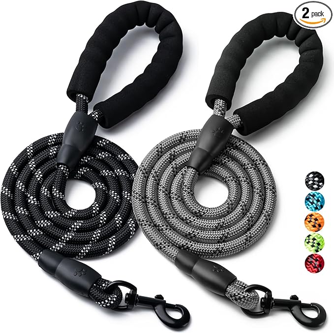 2 Pack Dog Leash, 4/5//6 FT Heavy Duty Nylon Rope Pet Leashes with Comfortable Padded Handle, Reflective Dog Leashes for Small Medium and Large Dogs (6FT-1/2,Black/Grey)