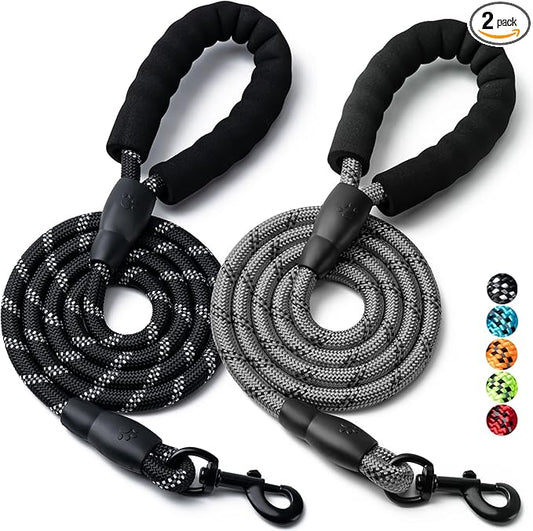 2 Pack Dog Leash, 4/5//6 FT Heavy Duty Nylon Rope Pet Leashes with Comfortable Padded Handle, Reflective Dog Leashes for Small Medium and Large Dogs (6FT-1/2,Black/Grey)