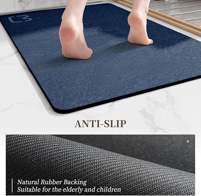 Bath Mat Runner - Long Diatomite Stone Bath Mats for Bathroom Super Absorbent Large Diatomaceous Earth Bath Mat Non Slip Quick Drying Shower Mat Thin Bathroom Rugs Floor Mat, 15.7"x47.2", Navy
