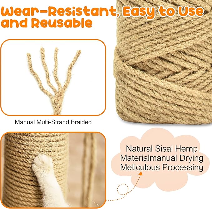 164FT/50M Cat Scratching Sisal Rope, 6mm Thick Natural Jute Rope for Scratch Posts, Cat Trees, DIY Projects, Sisal Rope for Cat Scratcher with 2 Cat Mouse Toys (Natural, 164ft)
