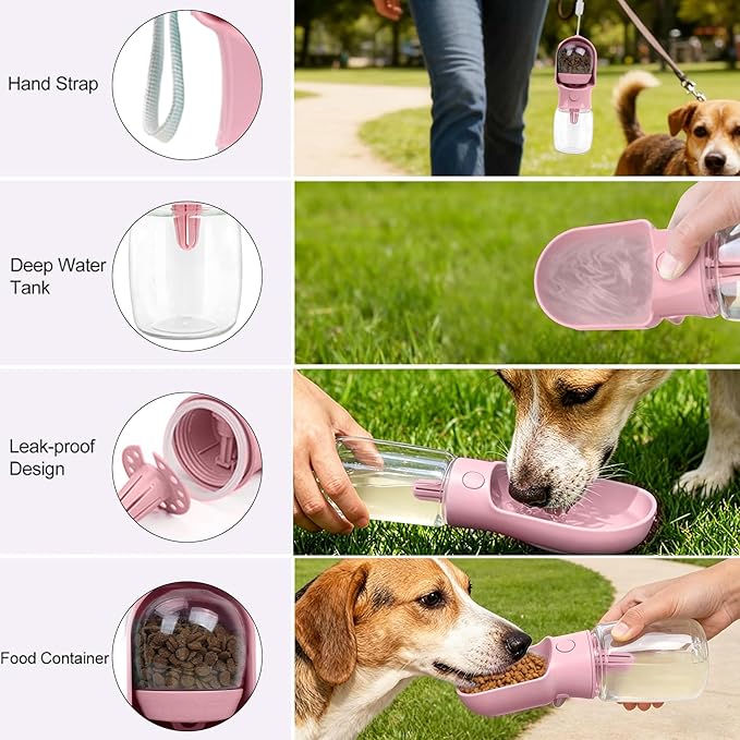 Dog Water Bottle with Food Container, Leak Proof Portable Pet Dispenser with Lock and Cleaning Brush,Dogs Stuff Water Bottle for Walking Hiking,Travel (Pink)