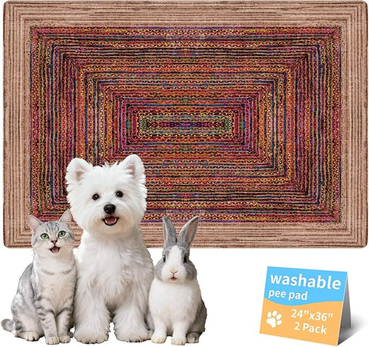 Dog Pee Pads Training Pads Upgrade Triple Thickness All-Purpose Super Absorbent & Leak-Proof, Quick Dry and Leak-Proof and Odor Control (Sisal Bohemian Print, 24" x36"x2PCS)
