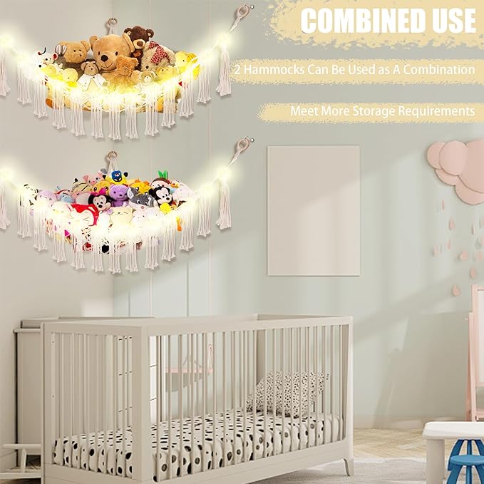 CERETIA Stuffed Animal Hammock with LED Light, Large Stuffed Animals Storage Corner Plushie Net for Kids Room Decor, White