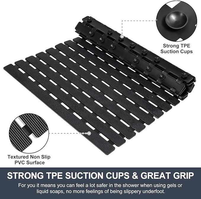 Yolife Quick Drain Shower Mat, 24.8 x 15.8 inch Power Grip Shower Mat Non Slip, Raised Non Slip Shower Mats for Inside Shower, Heavy Duty Curlable Stand up Shower Floor Mat,Black