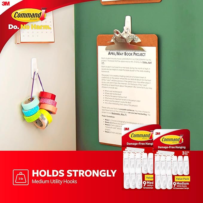 Command Medium Utility Wall Hooks with Adhesive Strips, No Tools Required for Hanging Organizational Items in Living Spaces, 18 White Hooks and 24 Strips