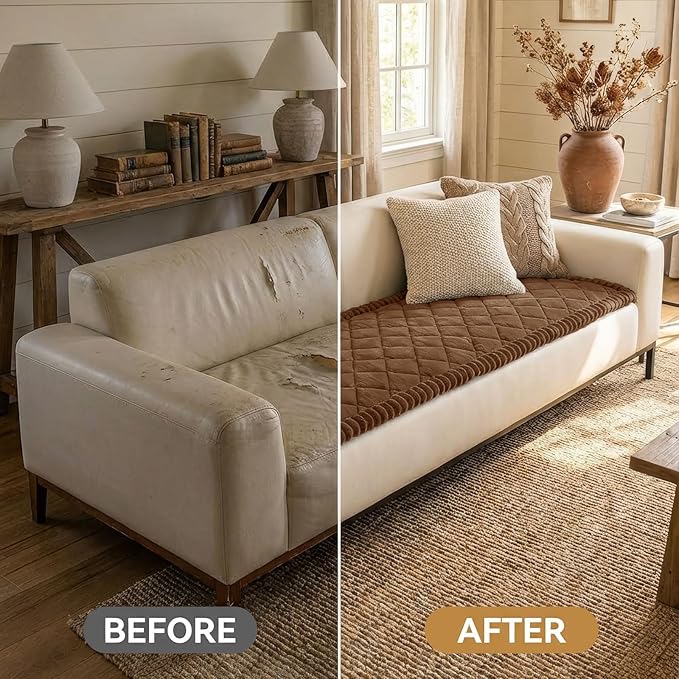 Smiry Fuzzy Couch Cover for Dogs, Non Slip Washable Pet Sofa Cover, Scratch Proof Hair Resistant Plush Sofa Slipcover, Pet Friendly Couch Cushion Protector for Cat, Brown, 27.6" x 27.6"