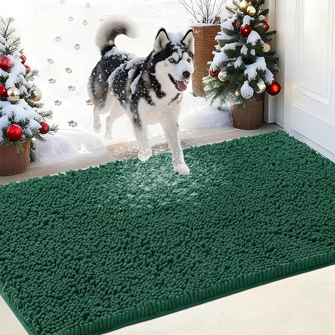 IM HOME Chenille Absorbent Outdoor Doormat 60" x 36", Washable Muddy Door Mats for Dog Non Slip Indoor Doormat Dog Mat for Muddy Paw Front Inside Doormats for Entryway Green