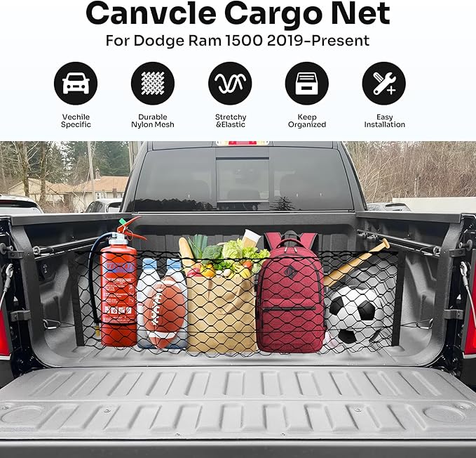 Truck Bed Cargo Net for 2019-2025 2026 Dodge Ram 1500 Accessories Envelope Style Mesh Trunk Net Organizer and Storage Stretchable Adjustable Elastic Nylon Rear Cargo Netting with Hooks