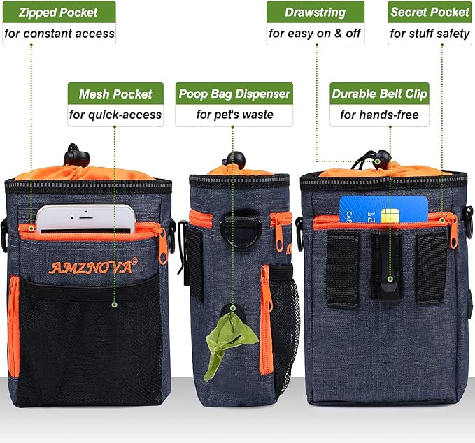 AMZNOVA Dog Treat Bag Treatkit Dog Treat Pouch, Waist Clip On Crossbody Fanny Pack for Pet, Training Pouch with Shoulder Strap & Waist Belt for Walking & Training, 6Cups, Heather Navy