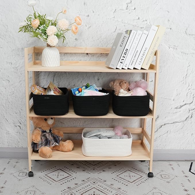 XUANGUO Small Woven Storage Baskets 12“X8”X5“ Decorative Rope Bins for Organizing Shelves, Closets, and Toys, Empty Gift Baskets, Cute Organizer Basket for Home and Office (black, regular)