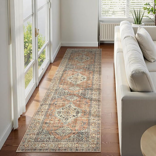 Lahome Oriental Washable Runner Rug Non Slip, 2x7 Rug Runners for Hallways Non Slip Vintage Ultra-Thin Soft Long Carpet for Kitchen Laundry Room Bedroom Eleanor, Peach/Orange