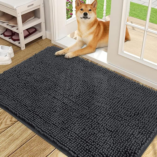 OLANLY Dog Door Mat for Muddy Paws 48x30, Absorbs Moisture and Dirt, Absorbent Non-Slip Washable Doormat, Quick Dry Chenille Mud Mat for Dogs, Entry Indoor Entryway Carpet for Inside Floor, Dark Grey