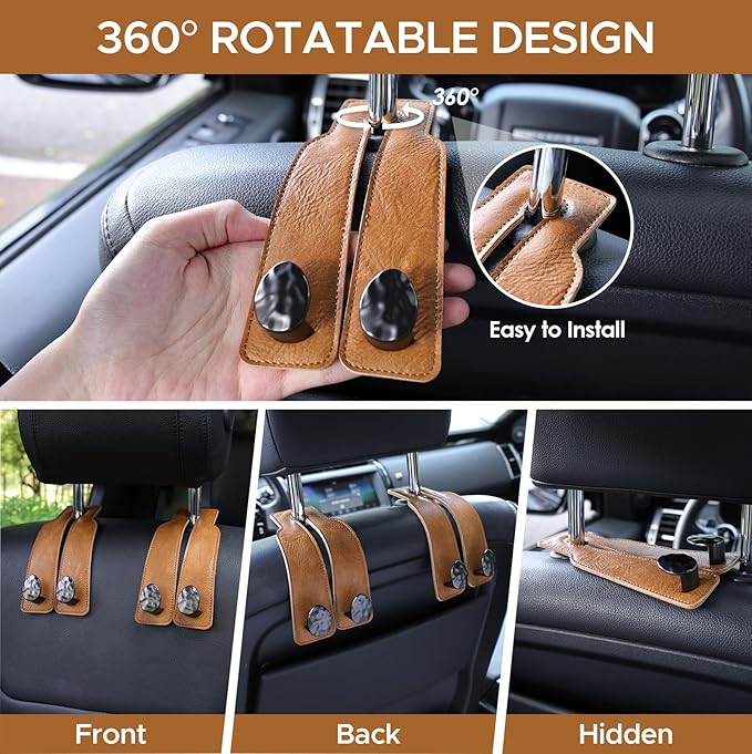 2PCS Leather Car Seat Hooks for Headrest, Vehicle Hanger Storage Organizer Universal for Handbag Purse, Car Accessories Gift (Brown-Black)