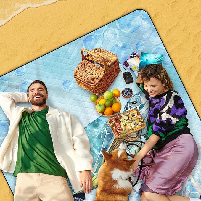 Waterproof Picnic Outdoor Blanket, 79" x 59" Sandproof Foldable Large Picnic Blanket for Beach, Camping, Park, Travel, Concert, Great Gift for Families and Couples (Blue Cute Turtle)