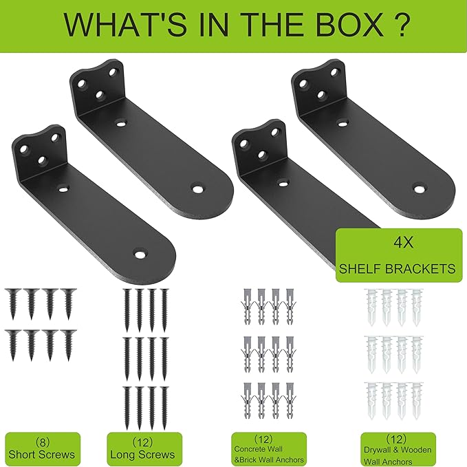 Floating Shelf Bracket, 8 Inch (1/4 In Thick) Black Shelf Bracket,4 Pack Hidden Shelf Brackets,L Brackets For Shelves,Suitable for Kitchen, Study And Various DIY Occasions，Holds Over 200lb+(8IN Black)