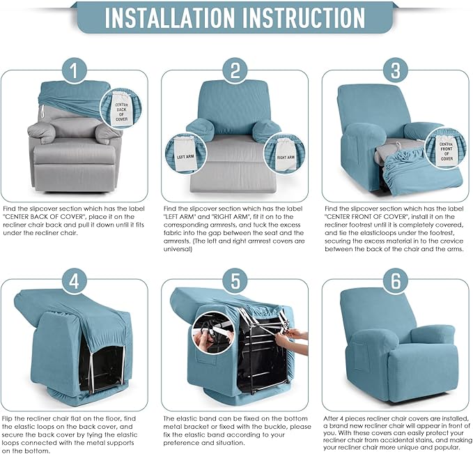 TAOCOCO Recliner Cover 4-Pieces, Recliner Stretch Sofa Slipcover, Recliner Cover 1 Seat, Couch Protector Soft, Furniture Protector Covers with Elastic,Chair Covers Jacquard Pattern (Dusty Blue)