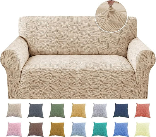 YEMYHOM 1 Piece Stretch Couch Covers for 2 Cushion Couch, Jacquard Loveseat Cover with Non-Slip Elastic Bottom, Thickened Slipcover Furniture Protector for Dogs Pets (Medium, Khaki）