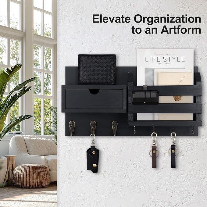 Wall Mount Key Holder with Mail Organizer, 100% Paulownia Wood, 7 Metal Hooks, Storage Drawer, Entryway Home Decor (Black)