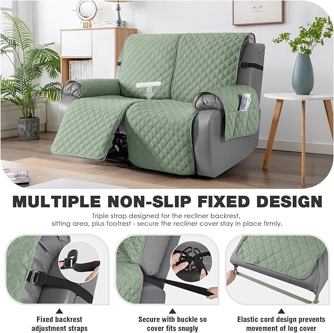 TAOCOCO 100% Waterproof Recliner Couch Covers, Recliner Sofa Covers with Leg Straps, 1-Piece Washable Reclining Sofa Cover with Pocket Couch Protector for Pets Kids(2 Seater, Sage Green)