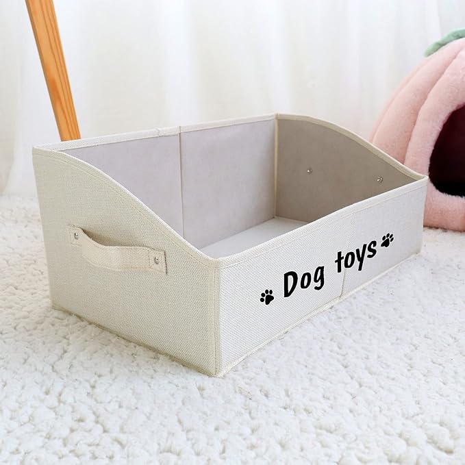 PET ARTIST Sturdy Collapsible Dog Organization and Storage Basket Accessible,Cute Dog Toy Storage with Handles,Dog Toy Box Bin Large for Chew Toys,Clothes,Squeak Toys,Beige