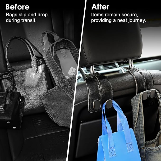 KINIVA 4 Pack Car Seat Hooks for Headrest, PU Leather Purse Hook Holder - Double Hook Design for Bags, Phones, Groceries, Car Back Seat Storage Accessories (06-Black 4 Pcs)