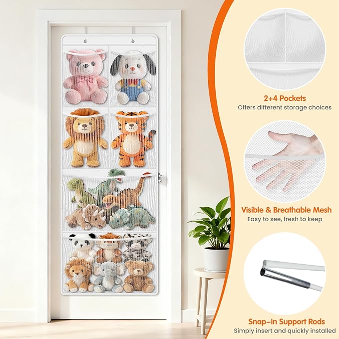 Stuffed Animal Storage - Large Over the Door Organizer with 6 Expandable Mesh Pockets & Metal Hooks, Non-Woven Fabric Hanging Plush Items Holder for Nursery, Bedroom, Playroom (White)