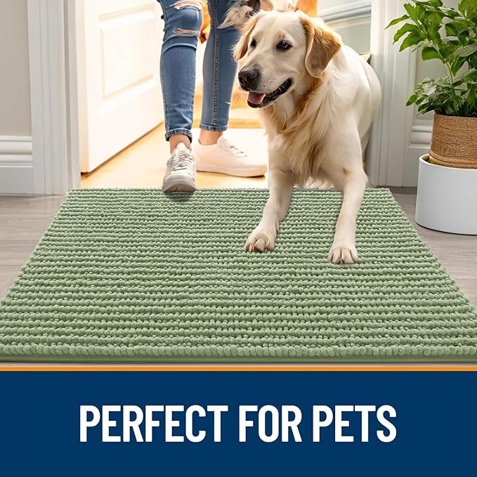OLANLY Dog Door Mat for Muddy Paws 47x17, Ultra Absorbent Chenille Mud Doormat, Non-Slip Washable and Dirt Trapping Doormat for Indoor Entryway, Quick-Dry Indoor Pet Bed Mats for Dogs, Sage Green