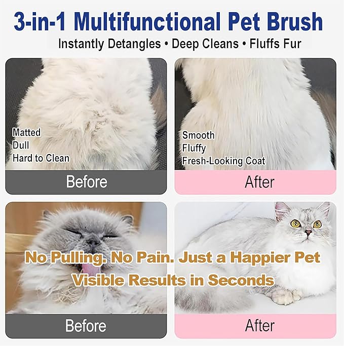 3-in-1 Pet Grooming & Bath Brush for Dogs and Cats, Triple-Sided Design with Cone Massage Tips, Long Self-Cleaning Deshedding Nubs, Short Bathing Nubs, Soft Silicone Brush with Hanging Loop, Pink