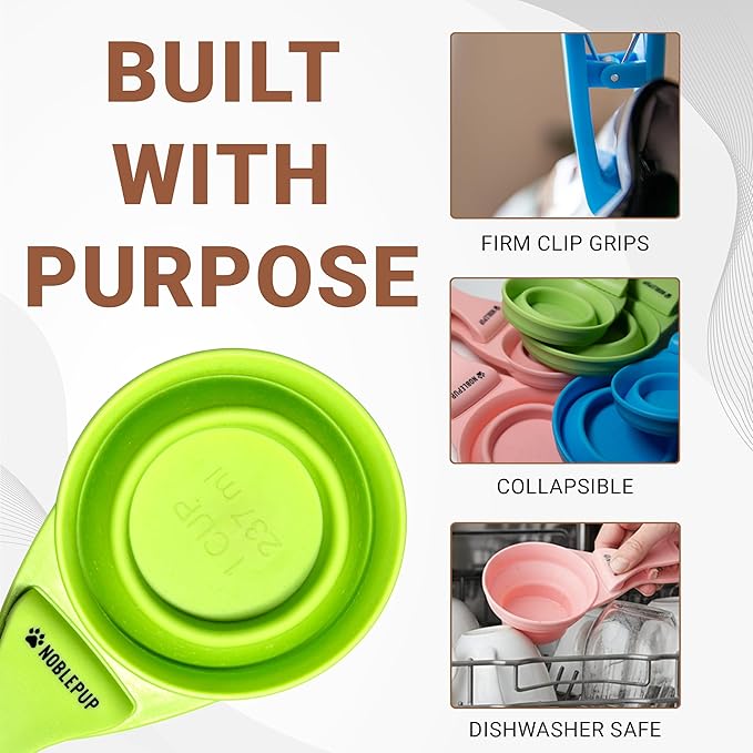 MeasureMate Pet Food Scoops with Bag Clip for Dog and Cat - 3-in-1 Multi-Function Collapsible Food Measuring Cup - 1 Cup Capacity, 8oz, Green - Dishwasher Safe