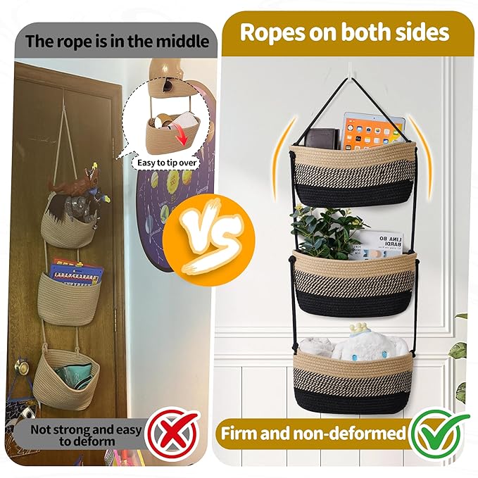 Over The Door Organizer Hanging Basket for Nursery Decor Stuffed Animal Storage Baskets Boho Wall Decor Basket for Bathroom Bedroom Playroom - Black&Beige