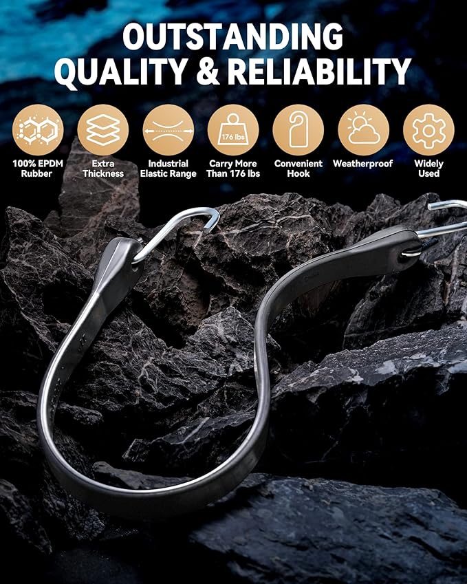 Rubber Bungee Cords with Hooks, Heavy Duty Bungee Straps, Assorted Sizes with 1.8X Max Stretch & Over 176 lbs Load, Black, 100% EPDM Rubber & S Hooks for Cargo, Tarps, 10", 15", 21", 31" (10 Pack)