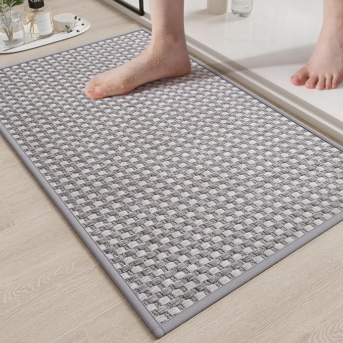 Non Slip Bath Mat Bathroom Rugs, Soft Braided Ultra Thin Bath Mats, Super Absorbent Quick Dry Bath Rug Shower Mat, Rubber Backing, Fit Under Door Bathroom Floor, Machine Washable, Gray 16" x 24"
